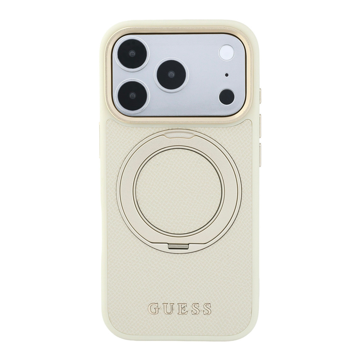 GUESS iPhone 18 Pro Max Case hard shell - MagSafe - 360-degree ring stand - grained PU - classic logo Beige - detail 1