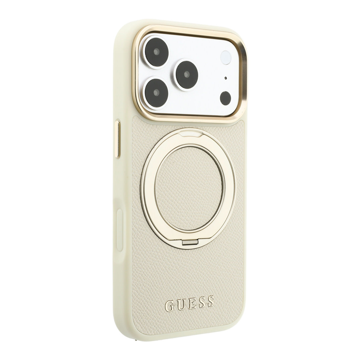 GUESS iPhone 18 Pro Max Case hard shell - MagSafe - 360-degree ring stand - grained PU - classic logo Beige - detail 2