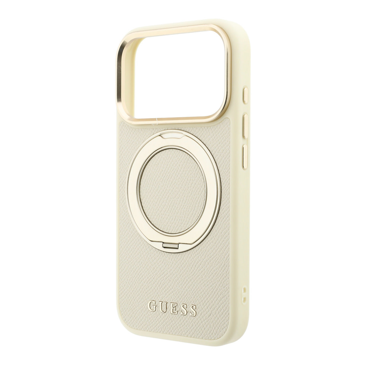 GUESS iPhone 18 Pro Max Case hard shell - MagSafe - 360-degree ring stand - grained PU - classic logo Beige - detail 3