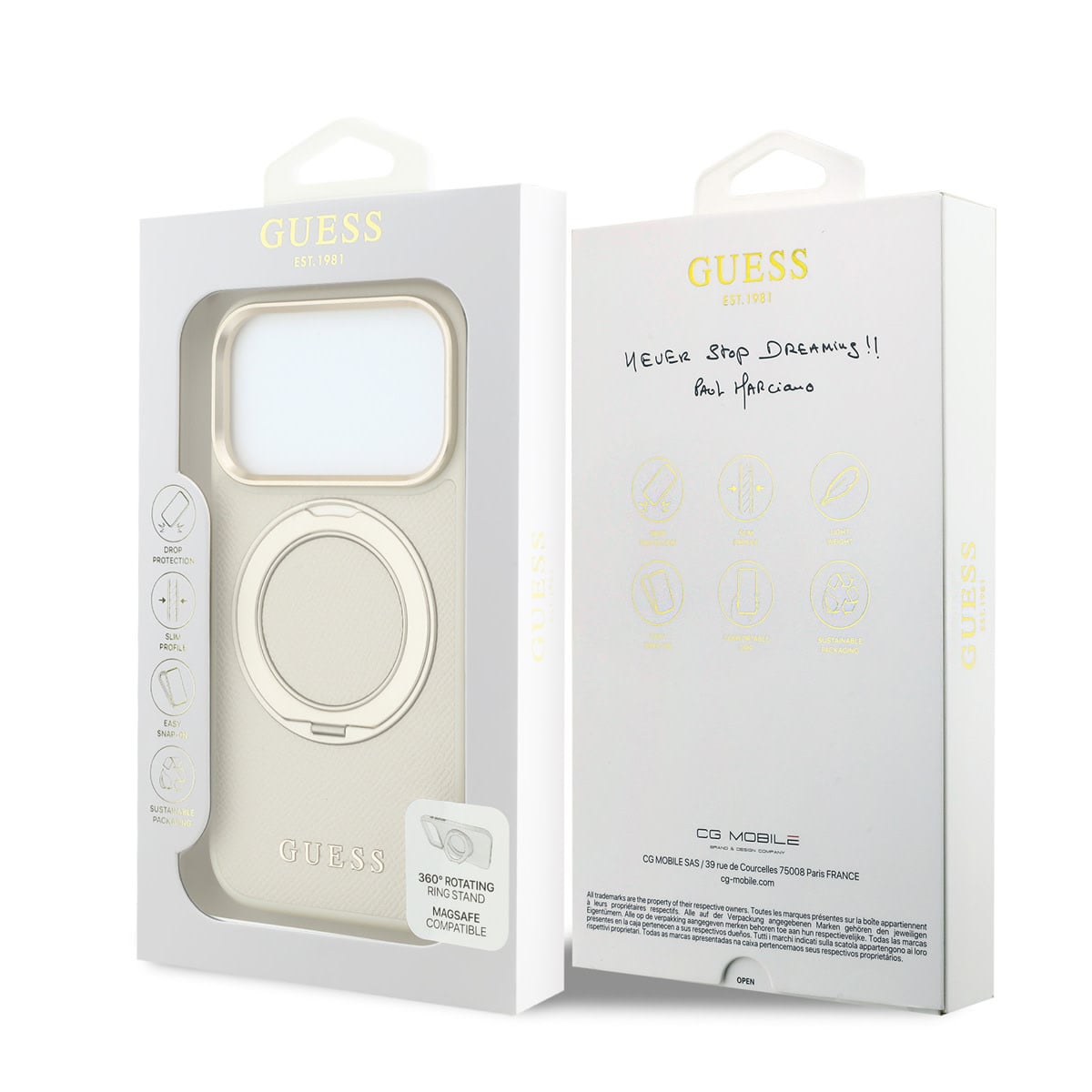 GUESS iPhone 18 Pro Max Case hard shell - MagSafe - 360-degree ring stand - grained PU - classic logo Beige - detail 7