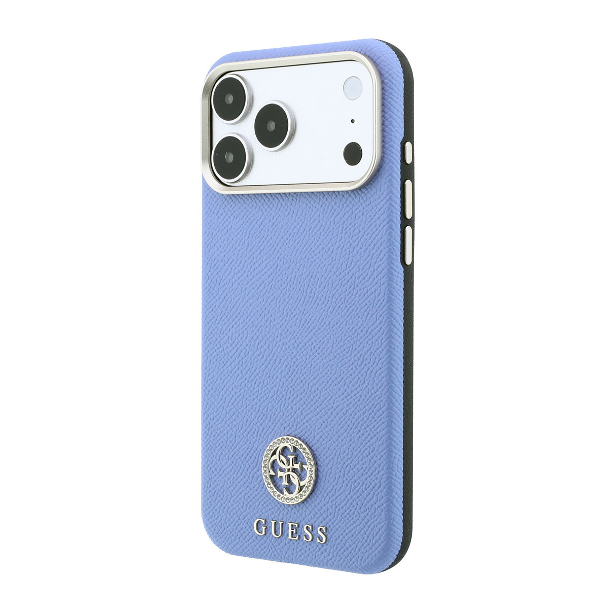 GUESS iPhone 18 Pro Max Case hard shell - MagSafe - SW - grained PU - round rhinestone logo Lichtblauw - detail 2