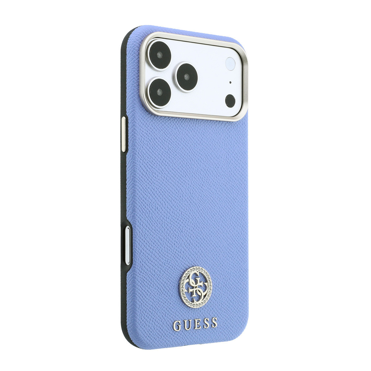GUESS iPhone 18 Pro Max Case hard shell - MagSafe - SW - grained PU - round rhinestone logo Lichtblauw - detail 1