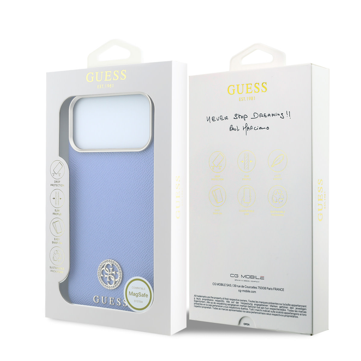 GUESS iPhone 18 Pro Max Case hard shell - MagSafe - SW - grained PU - round rhinestone logo Lichtblauw - detail 7