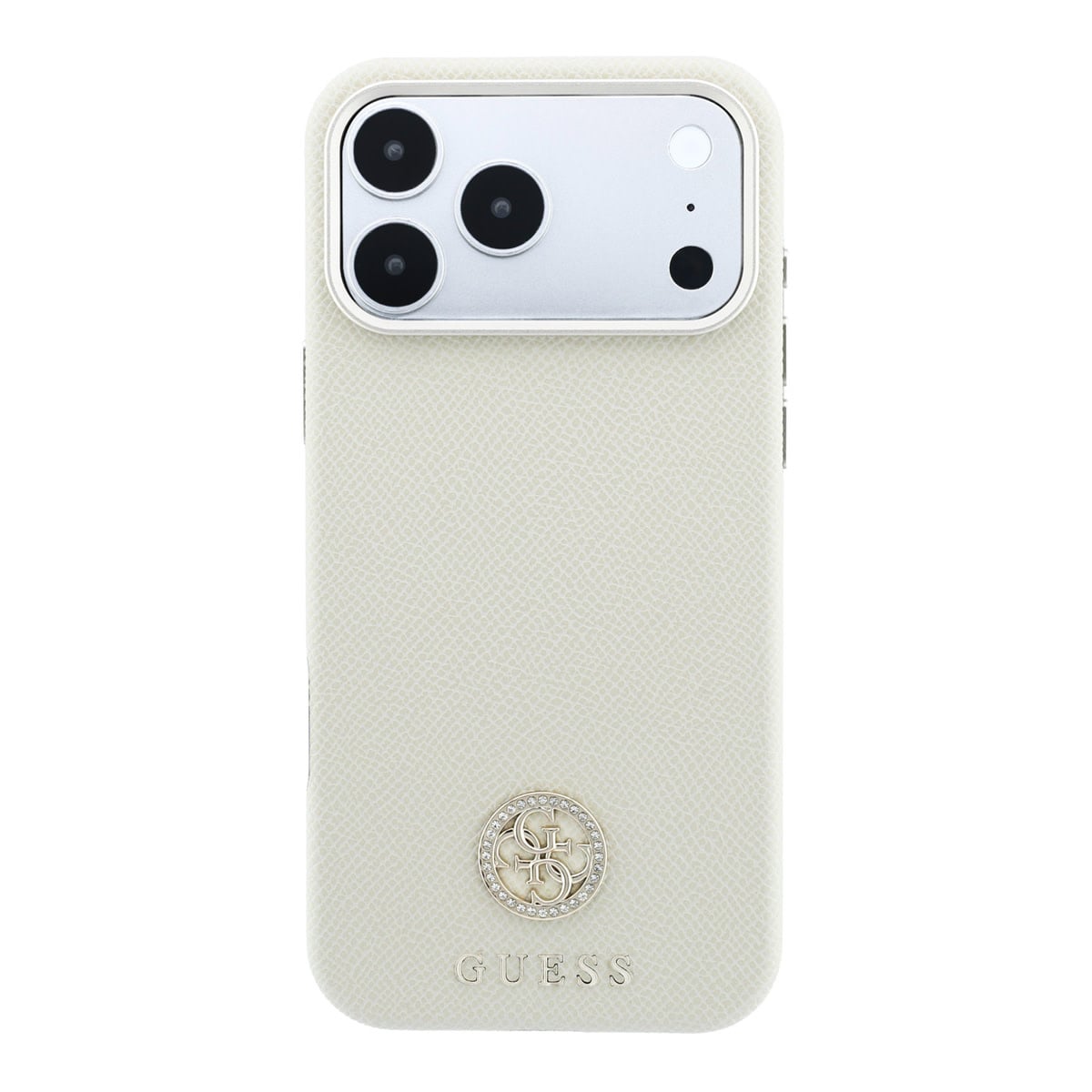 GUESS iPhone 18 Pro Max Case hard shell - MagSafe - SW - grained PU - round rhinestone logo Beige - detail 4
