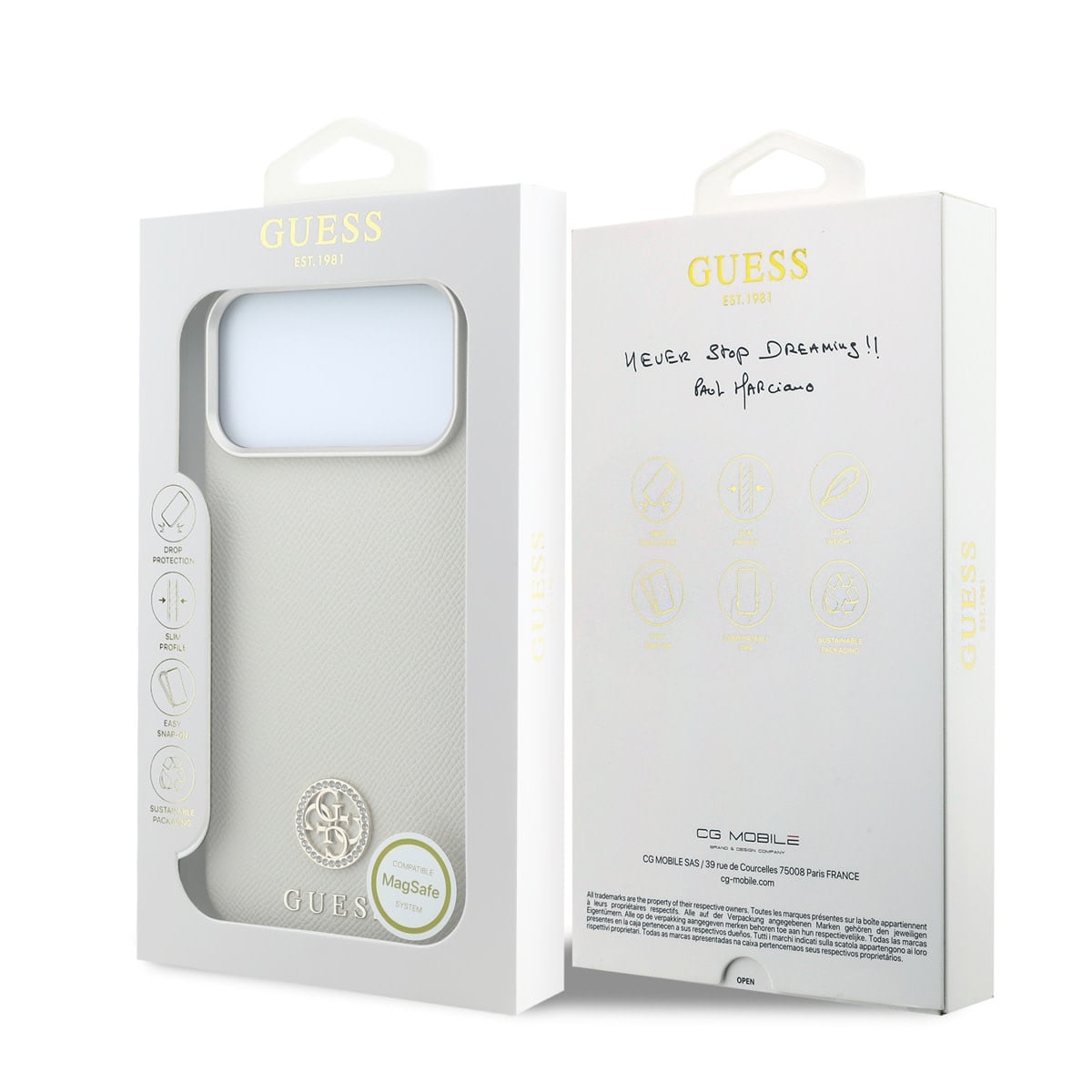 GUESS iPhone 18 Pro Max Case hard shell - MagSafe - SW - grained PU - round rhinestone logo Beige - detail 5