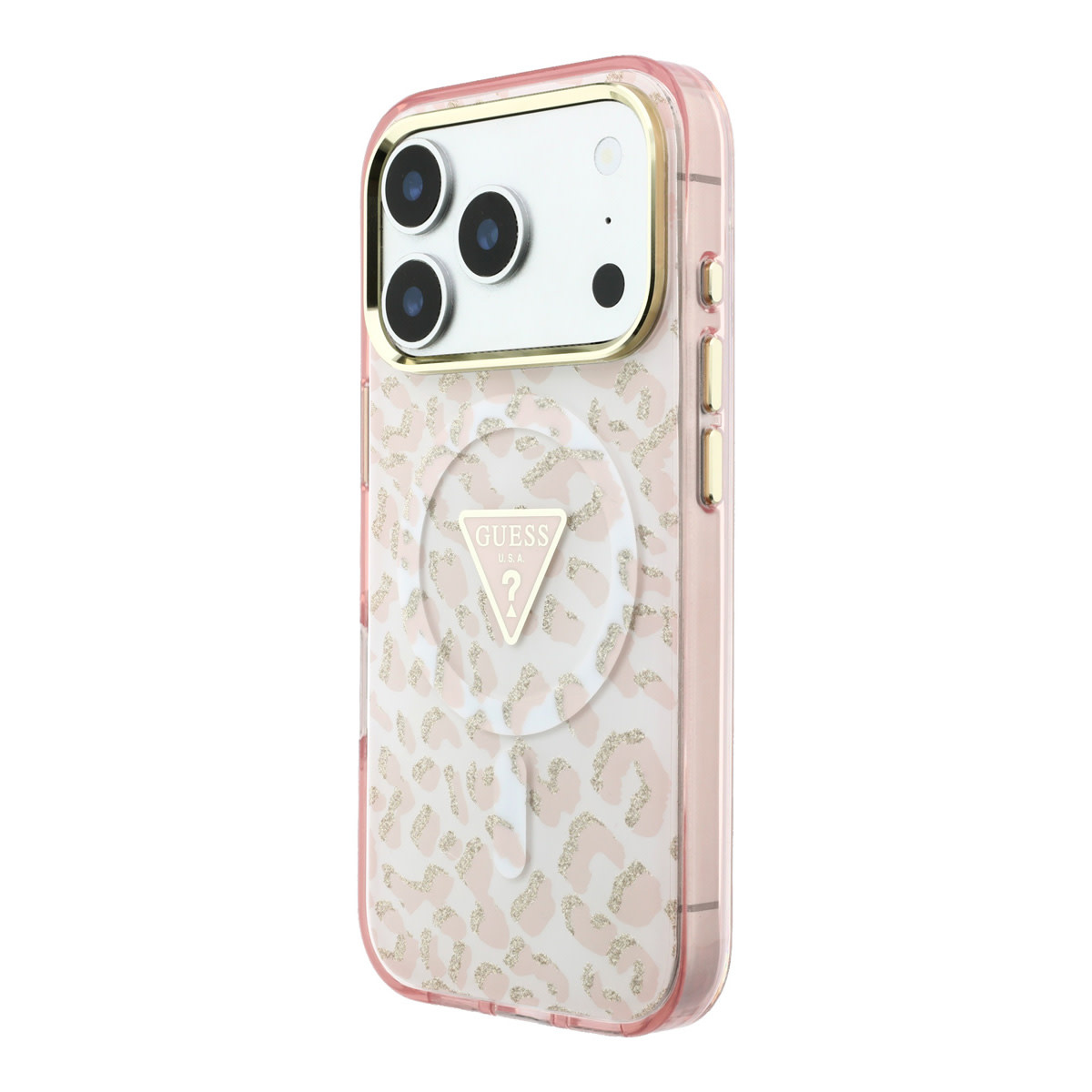 GUESS iPhone 18 Pro Max hoesje - HC Magsafe IML Leopard Glitter Triangle Logo - Roze - detail 1