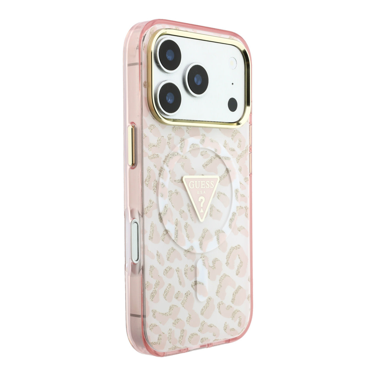 GUESS iPhone 18 Pro Max hoesje - HC Magsafe IML Leopard Glitter Triangle Logo - Roze - detail 3