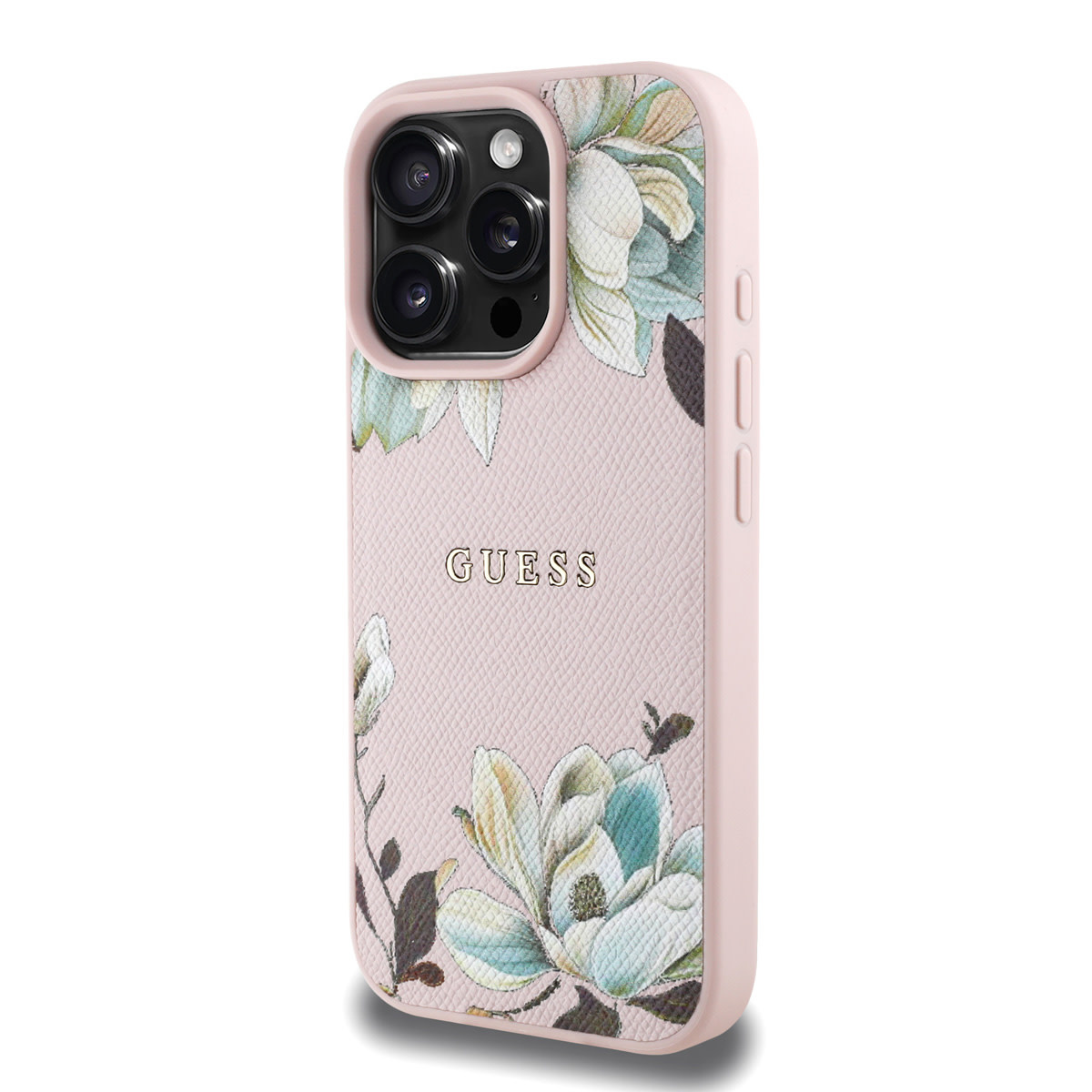 GUESS iPhone 16 Pro Max hoesje - HC O Grained PU Printed Flowers And Classic Logo - Roze - detail 1
