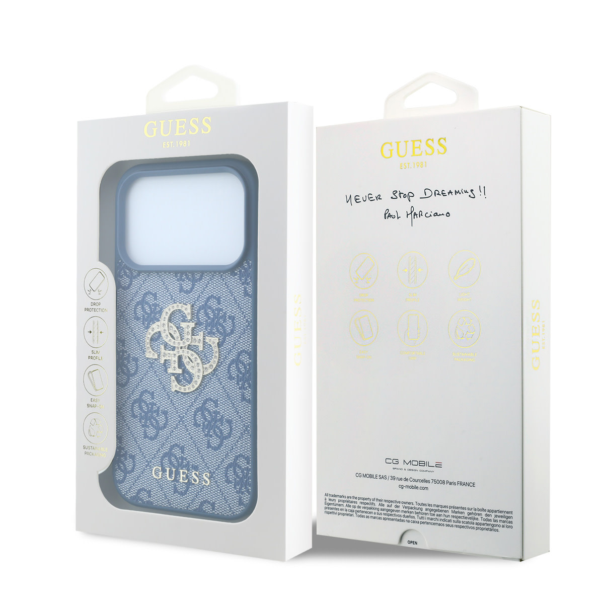 GUESS iPhone 18 Pro / iPhone 17 Pro hoesje 4G - PU - hard shell - large rhinestone logo Blauw - detail 3