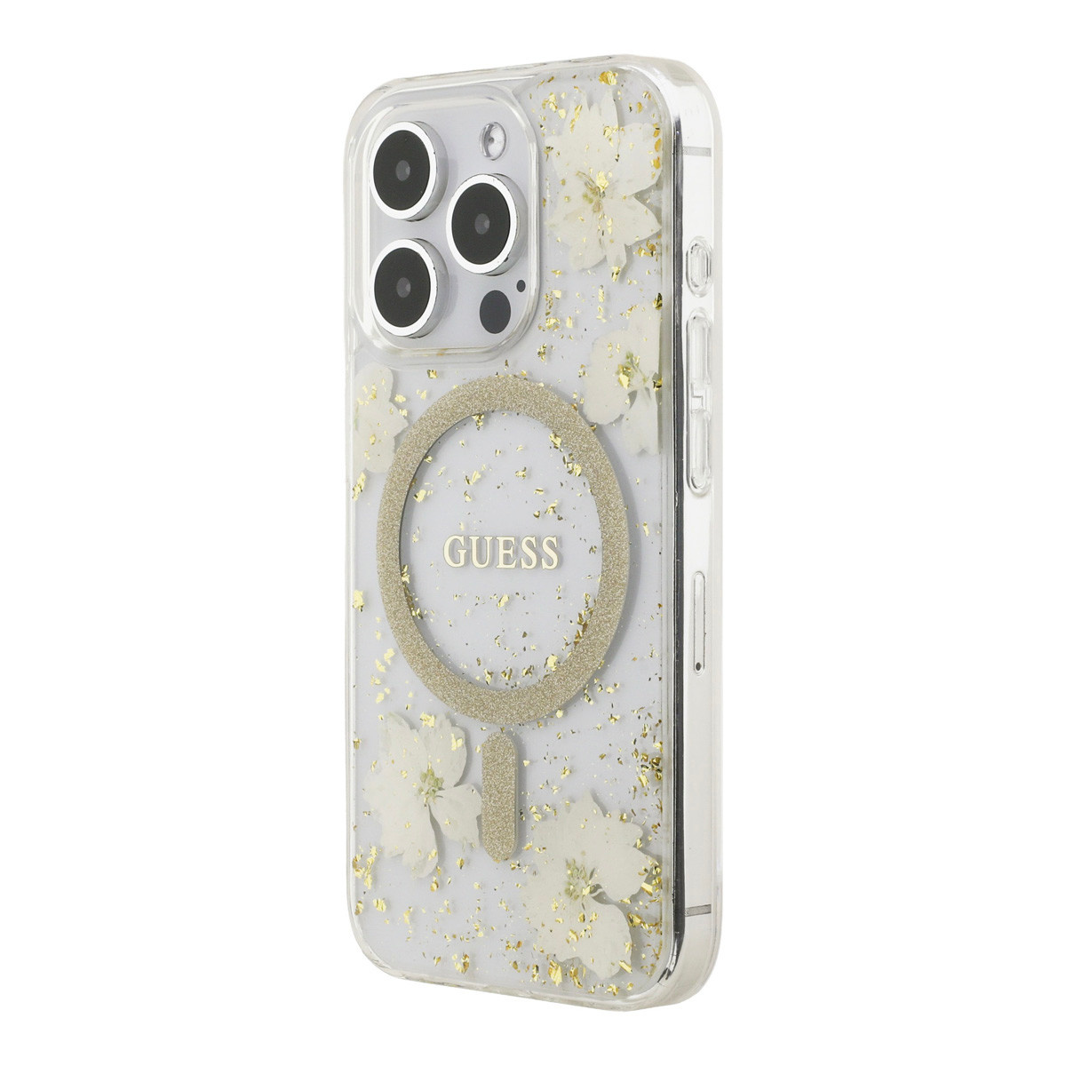 GUESS iPhone 15 Pro hoesje - O HC Magsafe Resin Flowers And Glitter - Beige - detail 1