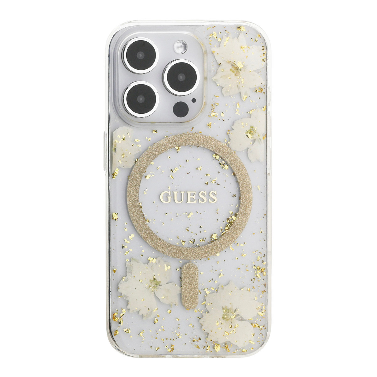 GUESS iPhone 15 Pro hoesje - O HC Magsafe Resin Flowers And Glitter - Beige - detail 2