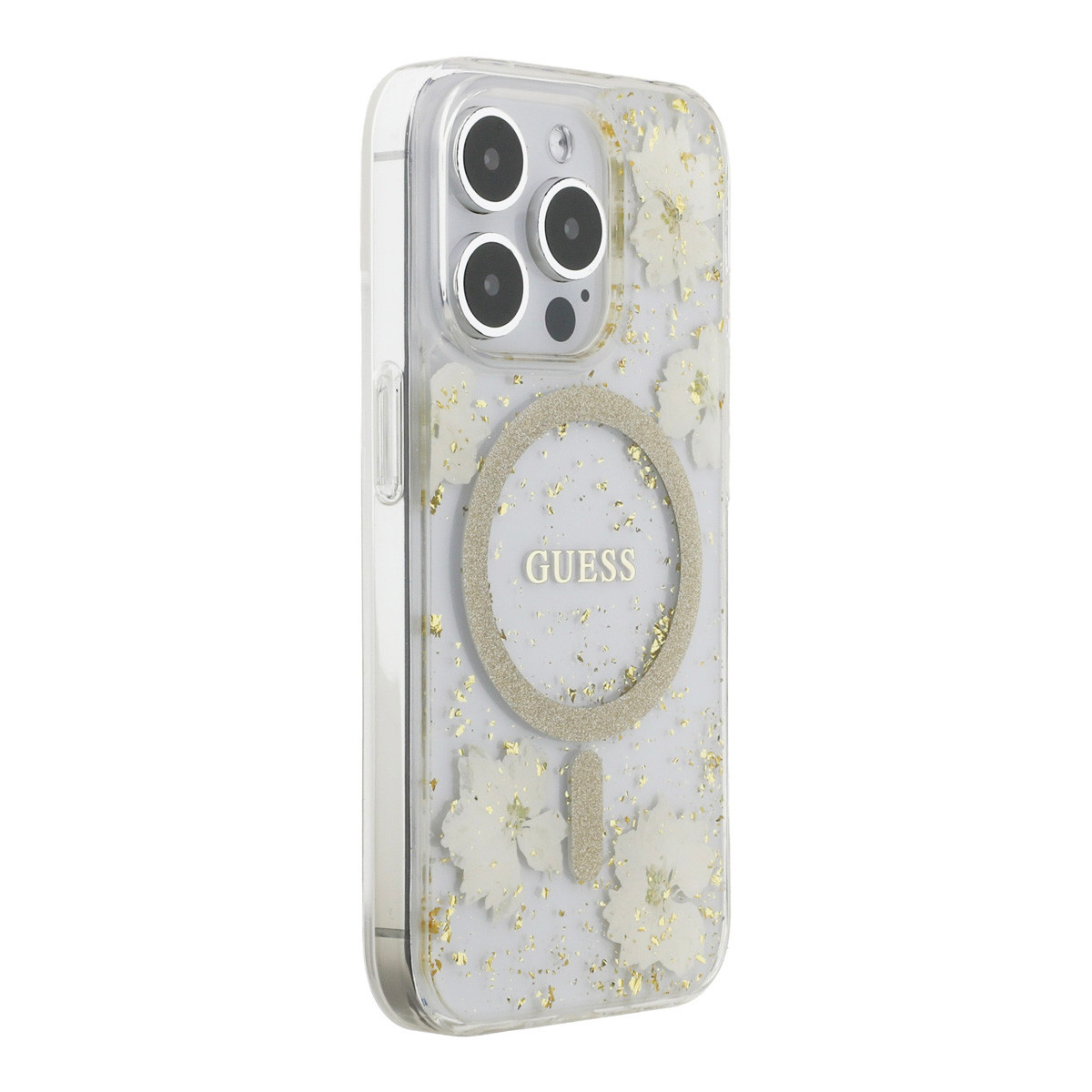 GUESS iPhone 15 Pro hoesje - O HC Magsafe Resin Flowers And Glitter - Beige - detail 3