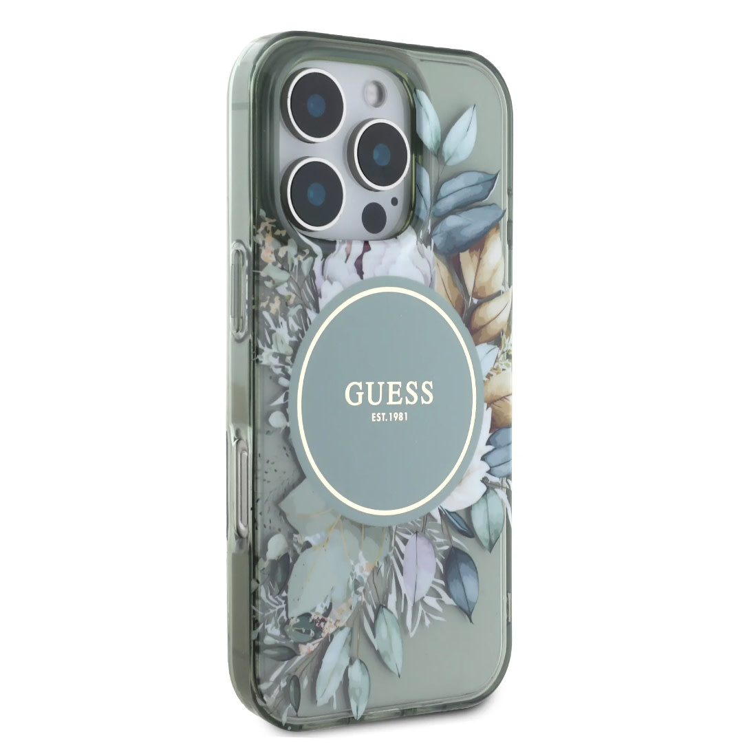 GUESS iPhone 16 Pro Max hoesje - Magsafe IML - Flower Design & Tonal Circle Logo - Groen - detail 3
