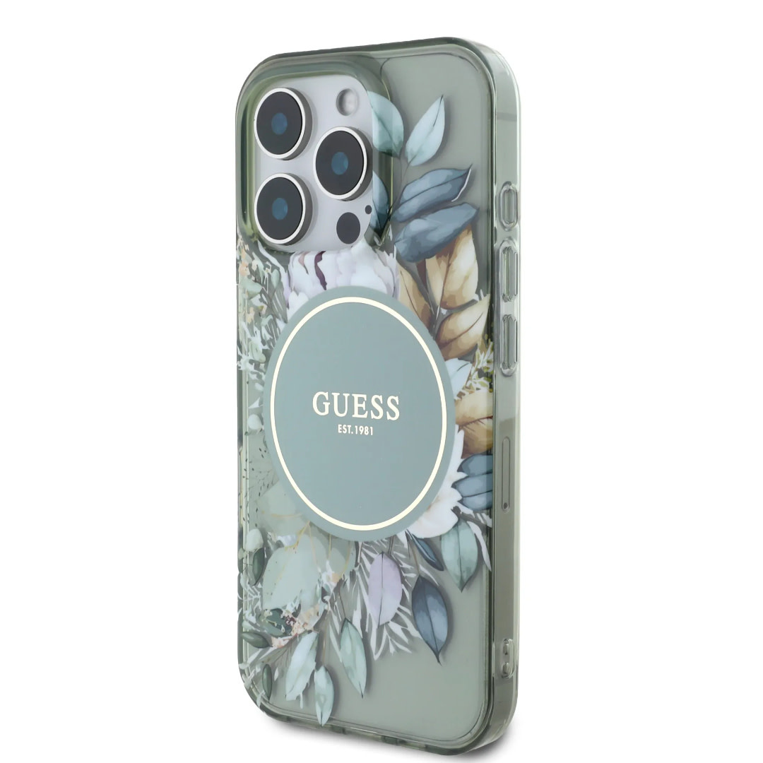 GUESS iPhone 16 Pro Max hoesje - Magsafe IML - Flower Design & Tonal Circle Logo - Groen - detail 1