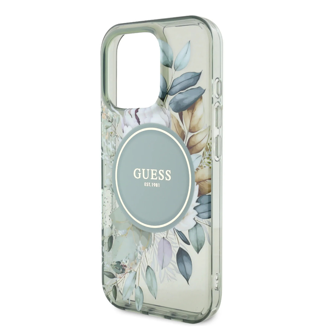 GUESS iPhone 16 Pro Max hoesje - Magsafe IML - Flower Design & Tonal Circle Logo - Groen - detail 4