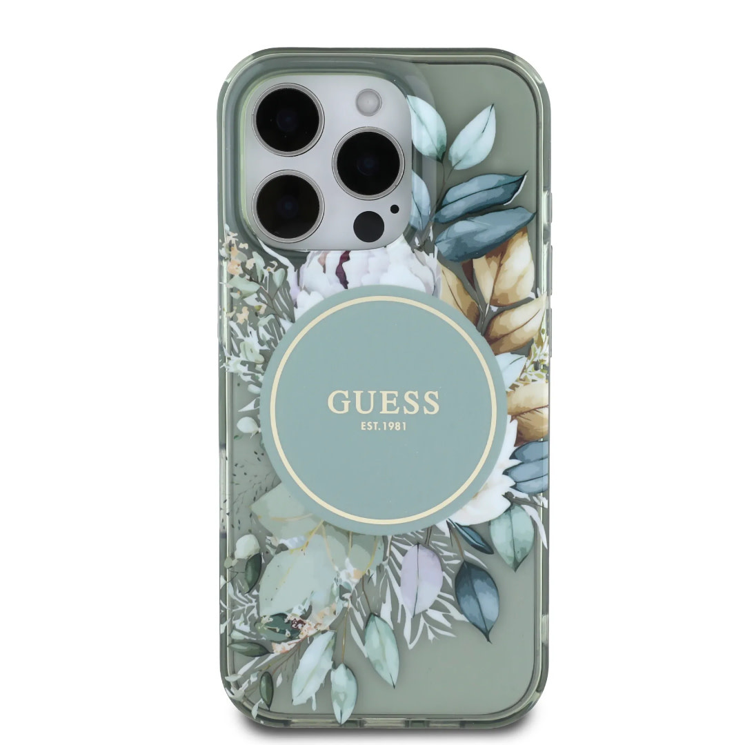 GUESS iPhone 16 Pro Max hoesje - Magsafe IML - Flower Design & Tonal Circle Logo - Groen - detail 9