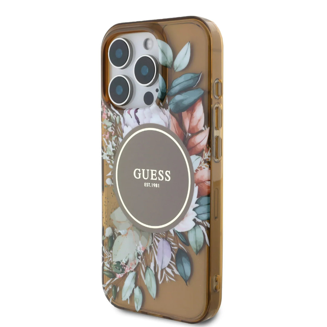 GUESS iPhone 16 Pro Max hoesje - Magsafe IML - Flower Design & Tonal Circle Logo - Bruin - detail 1