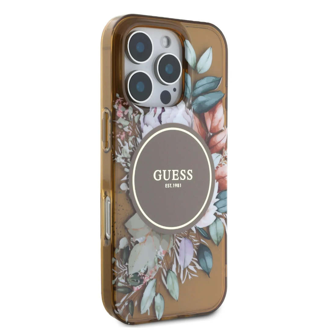 GUESS iPhone 16 Pro Max hoesje - Magsafe IML - Flower Design & Tonal Circle Logo - Bruin - detail 3