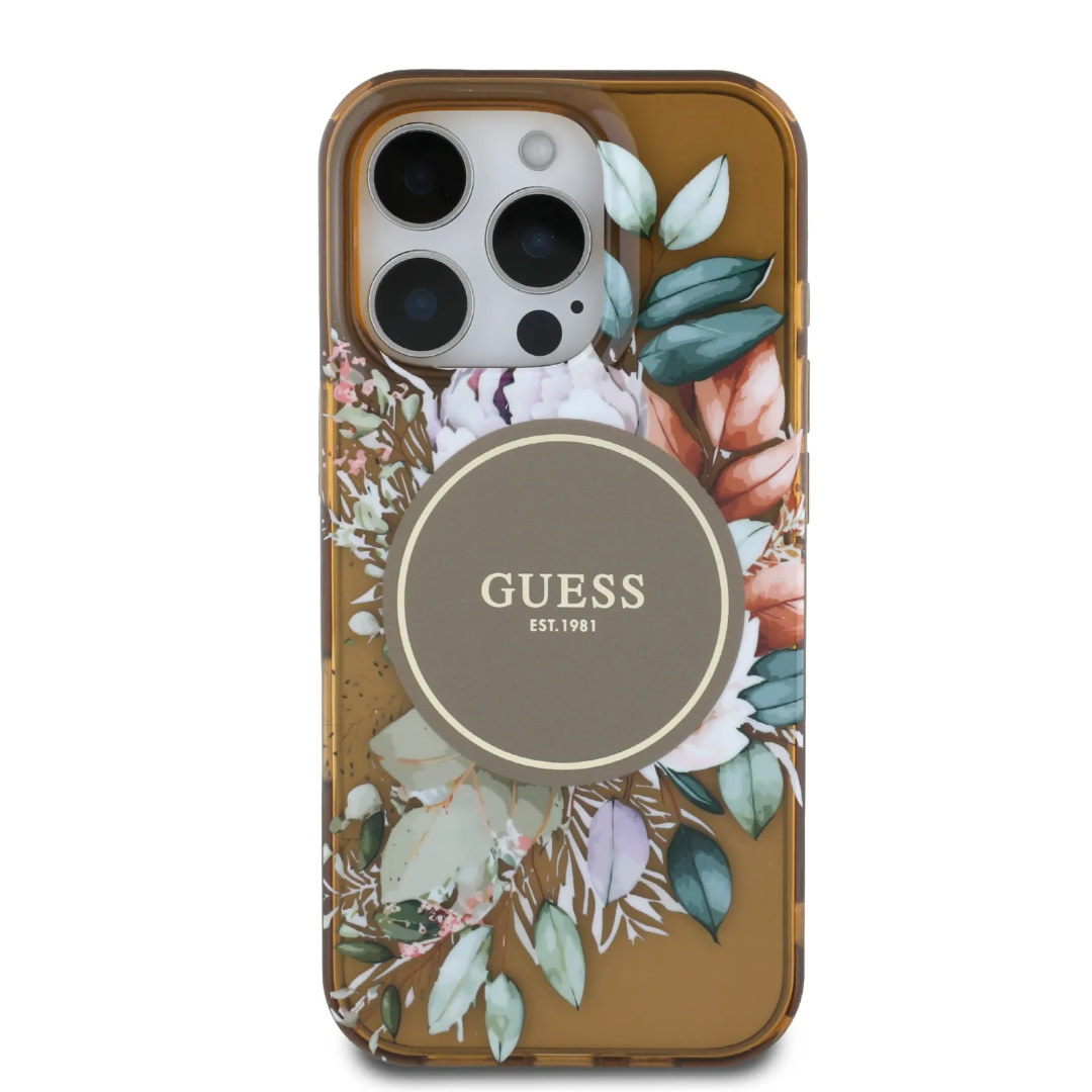 GUESS iPhone 16 Pro Max hoesje - Magsafe IML - Flower Design & Tonal Circle Logo - Bruin - detail 2