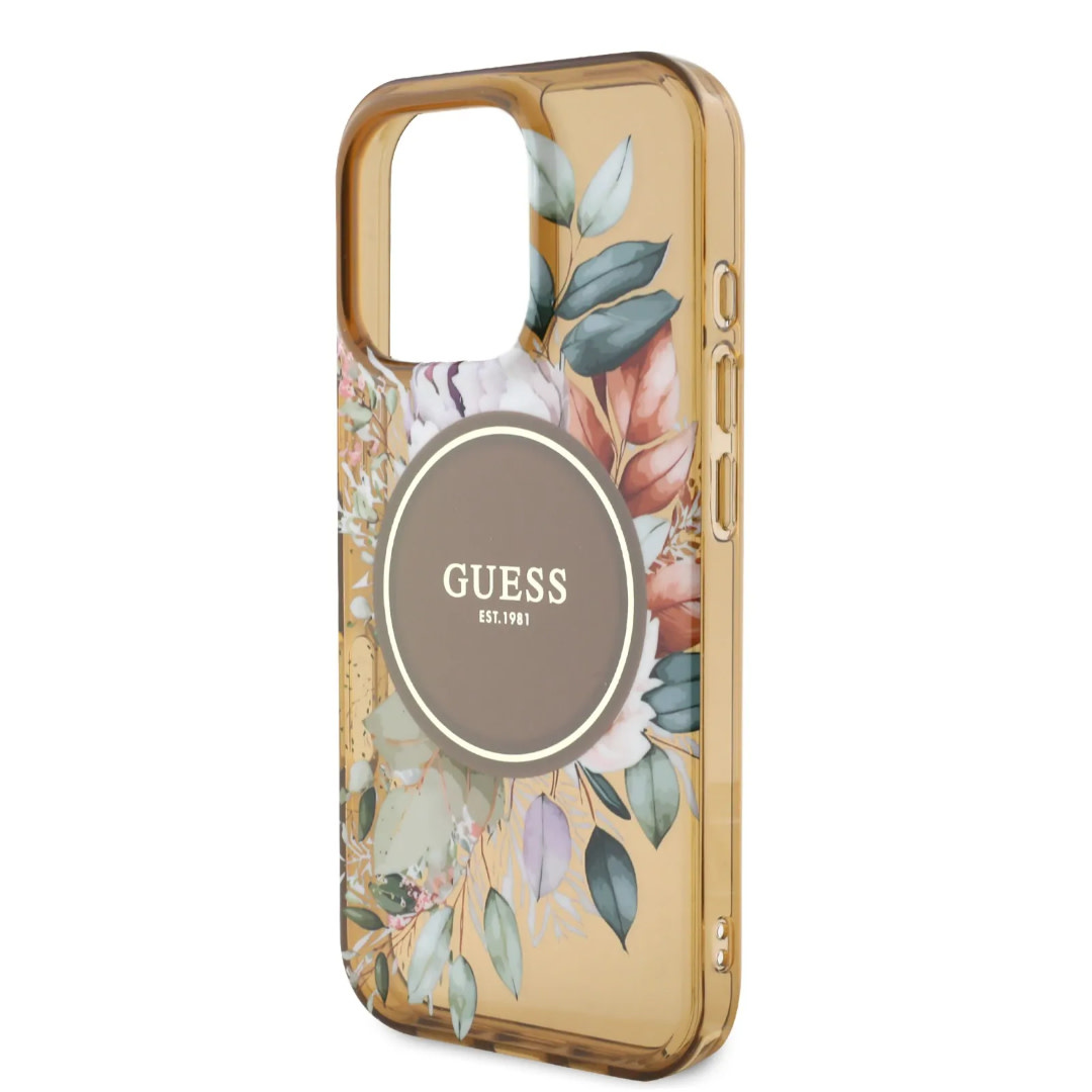 GUESS iPhone 16 Pro Max hoesje - Magsafe IML - Flower Design & Tonal Circle Logo - Bruin - detail 4
