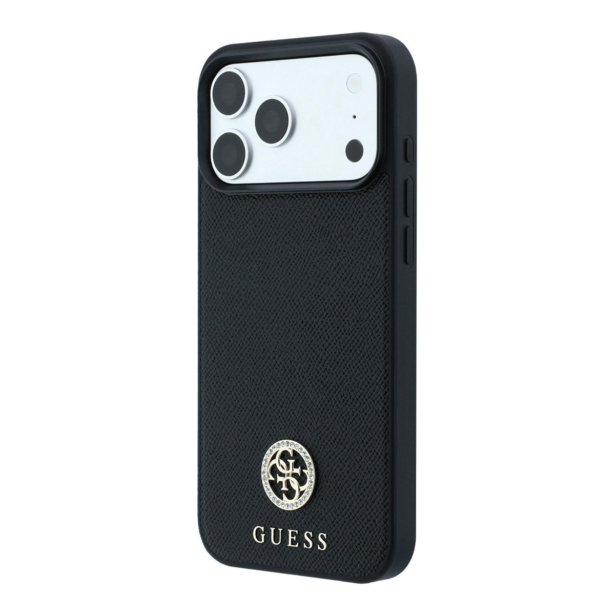 GUESS iPhone 18 Pro / iPhone 17 Pro hoesje MagSafe - grained PU - hard shell - round rhinestone logo Zwart - detail 6