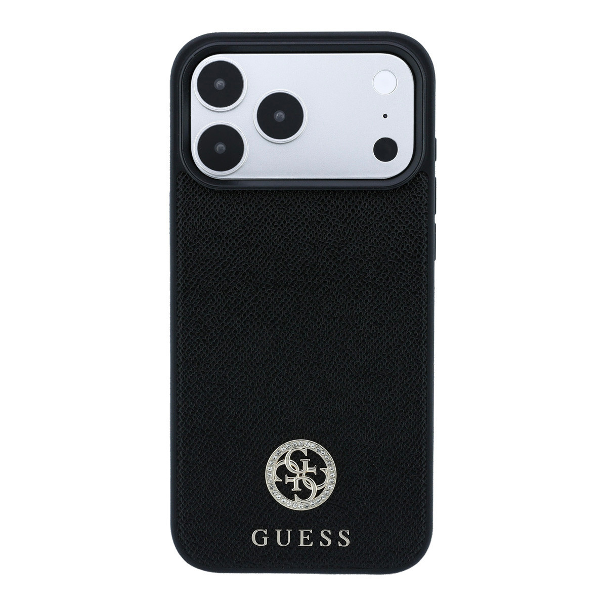 GUESS iPhone 18 Pro / iPhone 17 Pro hoesje MagSafe - grained PU - hard shell - round rhinestone logo Zwart - detail 5