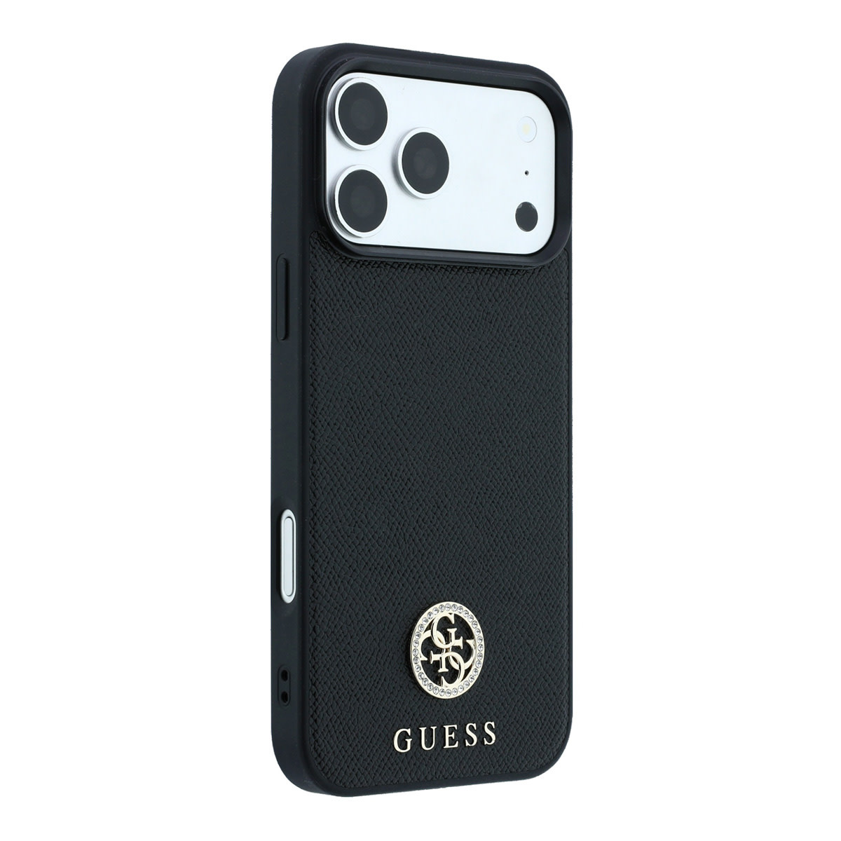 GUESS iPhone 18 Pro / iPhone 17 Pro hoesje MagSafe - grained PU - hard shell - round rhinestone logo Zwart - detail 4