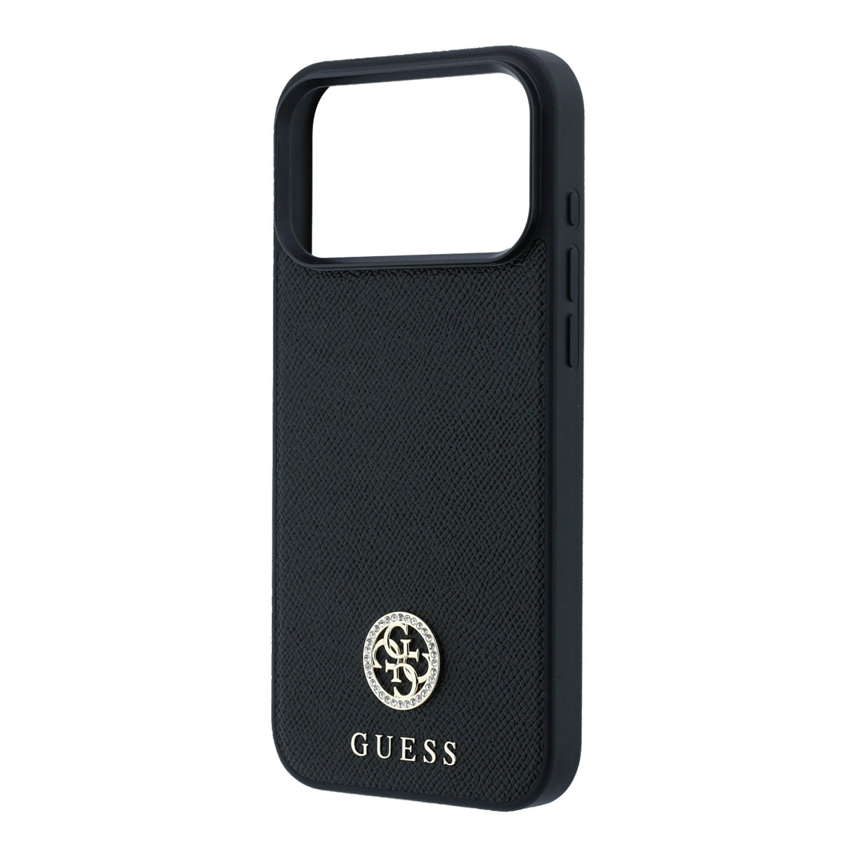 GUESS iPhone 18 Pro / iPhone 17 Pro hoesje MagSafe - grained PU - hard shell - round rhinestone logo Zwart - detail 3
