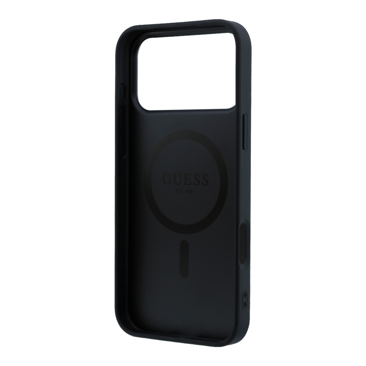 GUESS iPhone 18 Pro / iPhone 17 Pro hoesje MagSafe - grained PU - hard shell - round rhinestone logo Zwart - detail 1