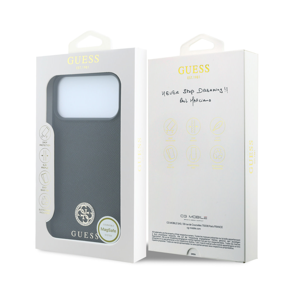 GUESS iPhone 18 Pro / iPhone 17 Pro hoesje MagSafe - grained PU - hard shell - round rhinestone logo Zwart - detail 7