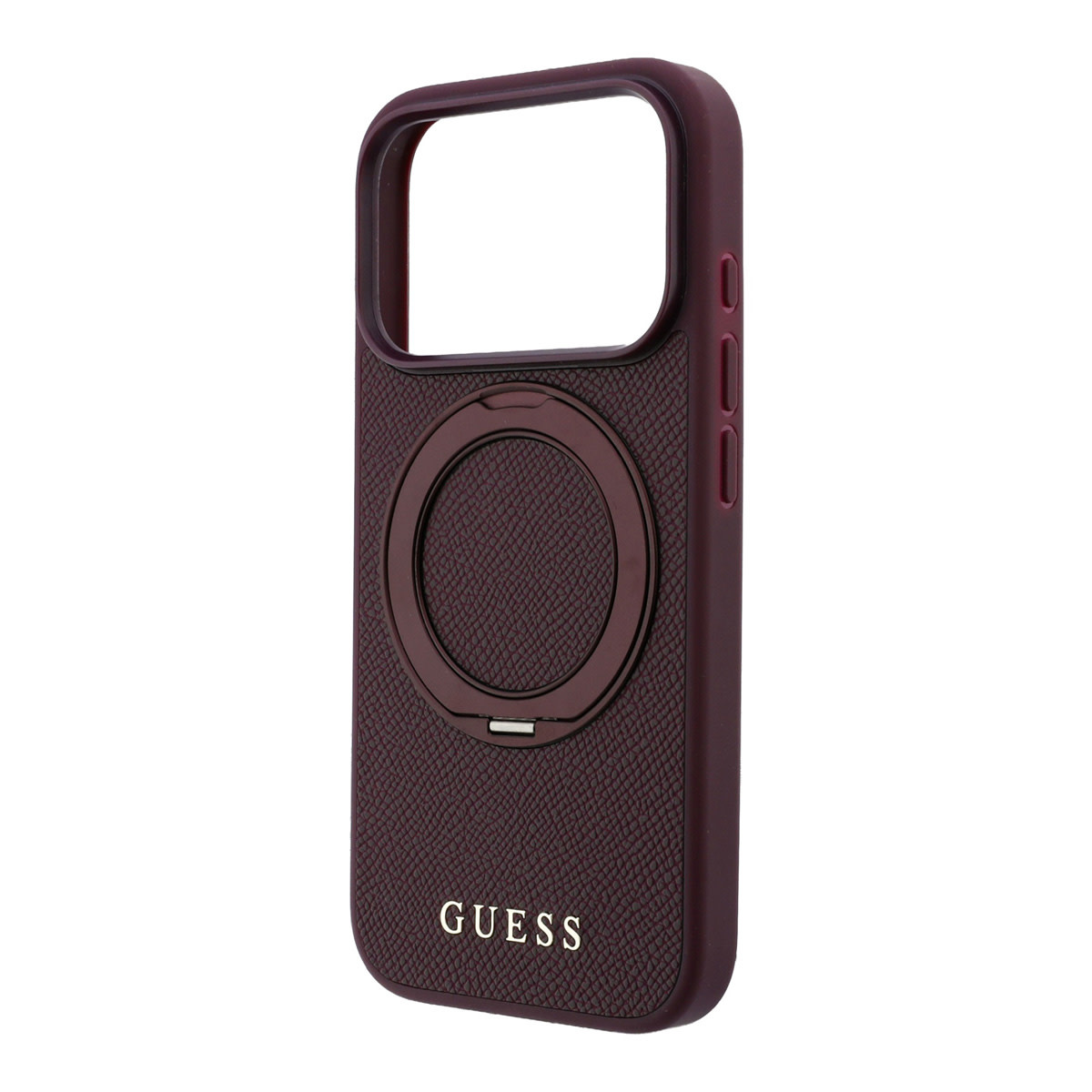 GUESS iPhone 18 Pro Max / iPhone 17 Pro Max hoesje MagSafe - grained PU - hard shell - ring stand - classic logo Bordeauxrood - detail 3
