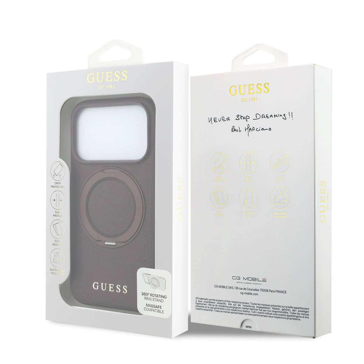 GUESS iPhone 18 Pro Max / iPhone 17 Pro Max hoesje MagSafe - grained PU - hard shell - ring stand - classic logo Bordeauxrood - detail 5