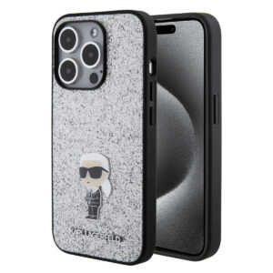 Karl Lagerfeld iPhone 15 Pro hoesje - Fixed Glitter - Ikonik K Logo - Zilver - productfoto