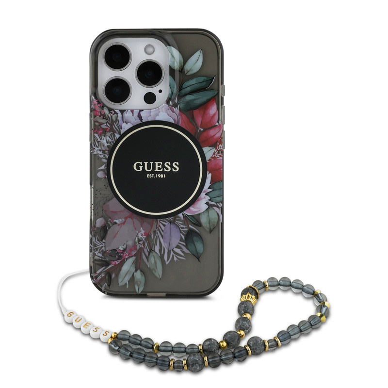 GUESS iPhone 16 Pro hoesje Magsafe IML Flowers with pearl strap - Zwart - productfoto