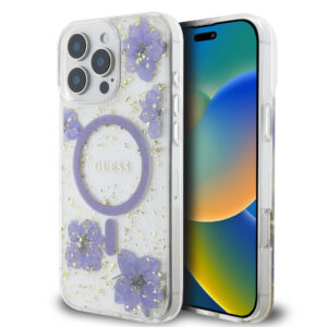 GUESS iPhone 16 Pro hoesje - Magsafe - Resin Flowers Design - Paars - productfoto