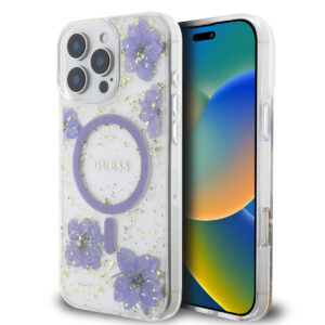 GUESS iPhone 16 Pro Max hoesje - Magsafe - Resin Flowers Design - Paars - productfoto