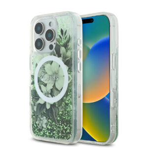 GUESS iPhone 16 Pro hoesje - Magsafe - Liquid Glitter Flower Design - Groen - productfoto