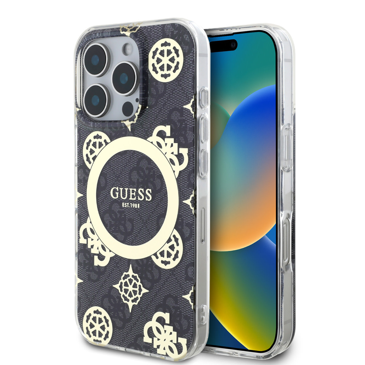 GUESS iPhone 16 Pro Max hoesje - Magsafe IML - 4G Peony - Zwart - productfoto