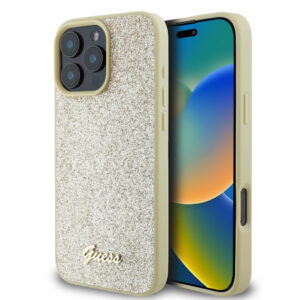 GUESS iPhone 16 Pro hoesje - Fixed Glitter - Script Metal Logo - Goud - productfoto