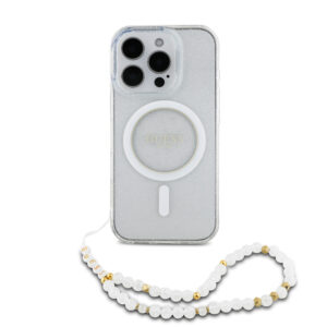 GUESS iPhone 16 Pro hoesje Magsafe IML Glitter with pearls strap - Transparant - productfoto