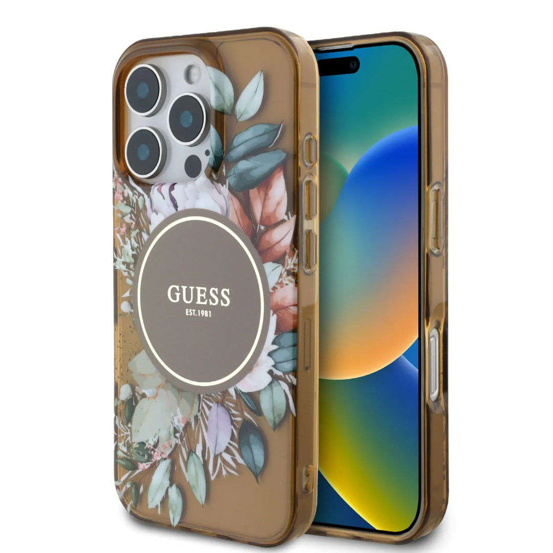 GUESS iPhone 16 Pro Max hoesje - Magsafe IML - Flower Design & Tonal Circle Logo - Bruin - productfoto
