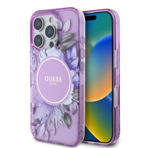 GUESS iPhone 16 Pro Max hoesje - Magsafe IML - Flower Design & Tonal Circle Logo - Paars - productfoto