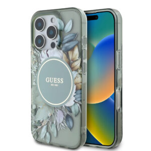 GUESS iPhone 16 Pro Max hoesje - Magsafe IML - Flower Design & Tonal Circle Logo - Groen - productfoto