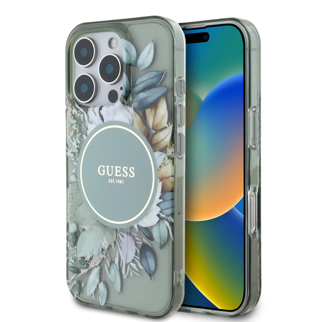 GUESS iPhone 16 Pro Max hoesje - Magsafe IML - Flower Design & Tonal Circle Logo - Groen - productfoto