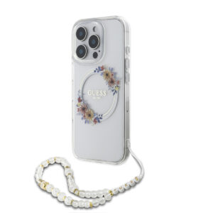 GUESS iPhone 16 Pro hoesje - Magsafe IML - Flower Wreath Design & Pearl Strap - Transparant - productfoto