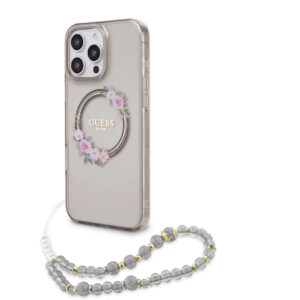 GUESS iPhone 16 Pro hoesje - Magsafe IML - Flower Wreath Design & Pearl Strap - Zwart - productfoto
