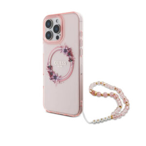 GUESS iPhone 16 Pro Max hoesje - Magsafe IML - Flower Wreath Design & Pearl Strap - Roze - productfoto