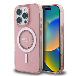 GUESS iPhone 16 Pro hoesje - Magsafe IML - Rhinestones - Roze - productfoto