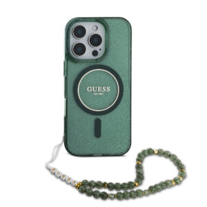 GUESS iPhone 16 Pro hoesje Magsafe IML Glitter with pearls strap - Groen - productfoto