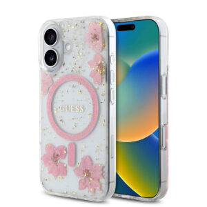 GUESS iPhone 16 hoesje - Magsafe - Resin Flowers Design - Roze - productfoto